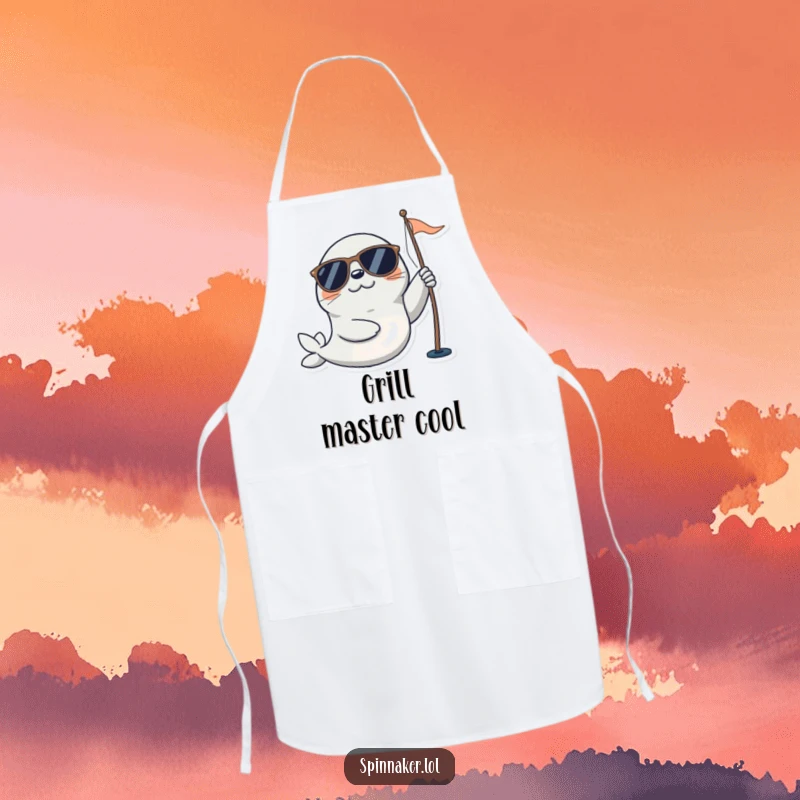 Funny seal apron showing a playful character in sunglasses happily adjusting a sail, ideal for nautical kitchens and funny chef wear.