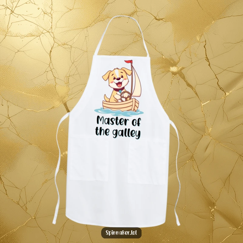 Funny puppy dog steering a sailboat, perfect for a funny apron gift for chefs.
