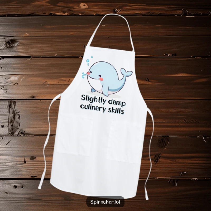 Funny Whale Apron: A cheerful whale smiling broadly and blowing a tiny, playful spray of water, ready for kitchen fun.