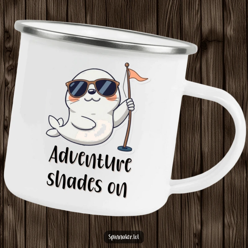Funny seal camping mug featuring a playful character in sunglasses happily adjusting a sail, perfect for outdoor enthusiasts and nautical humor.
