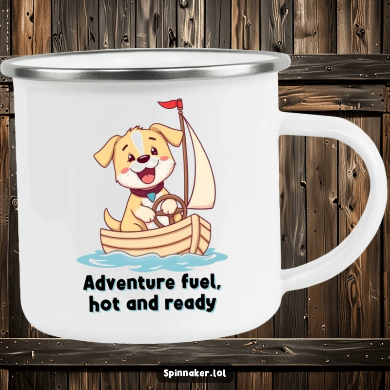 Funny puppy dog steering a small sailboat on a camping mug, perfect for outdoor funny gift.