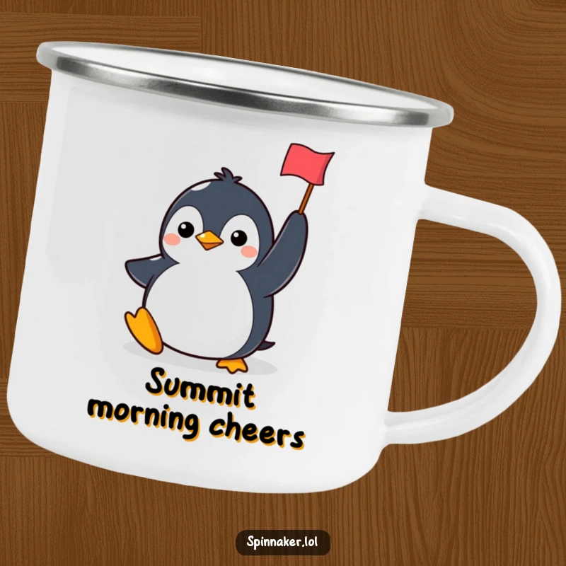 Funny penguin camping mug featuring a determined character smiling and holding a flag, perfect for outdoor enthusiasts and motivational humor.