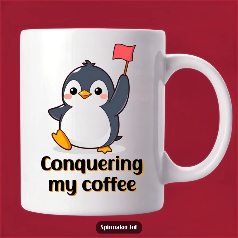 Funny Penguin Flag Mug: Determined Character's Smiling Victory, Perfect Gift