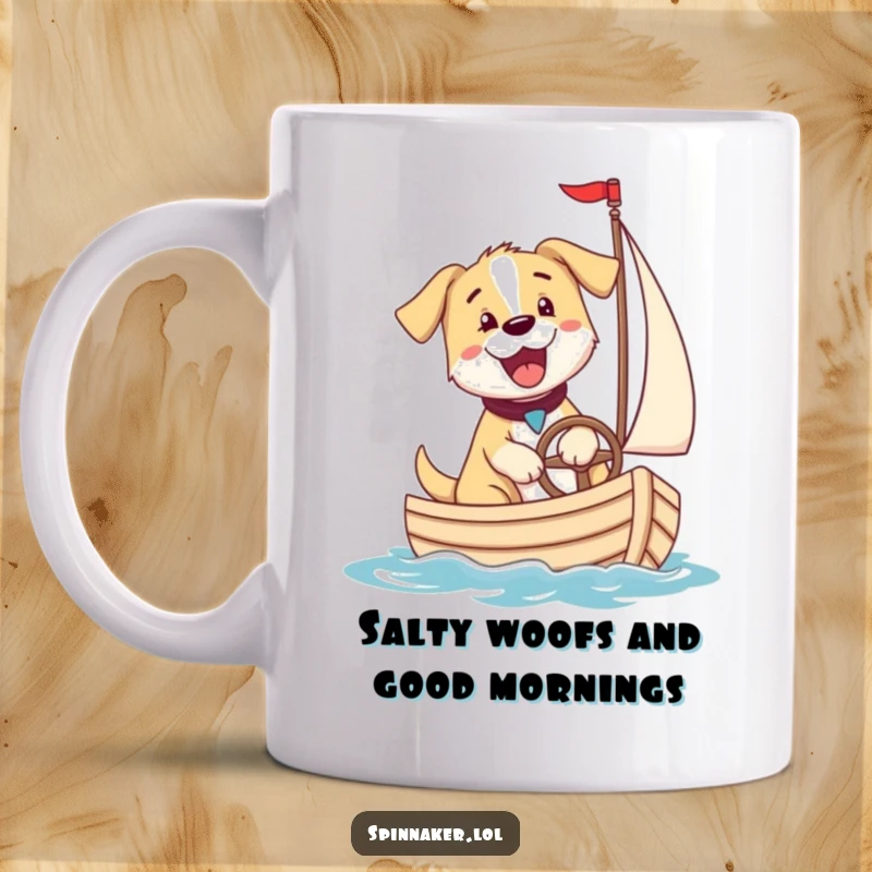 Funny puppy dog excitedly steering a small sailboat, barking with joy, perfect for a nautical-themed funny gift.
