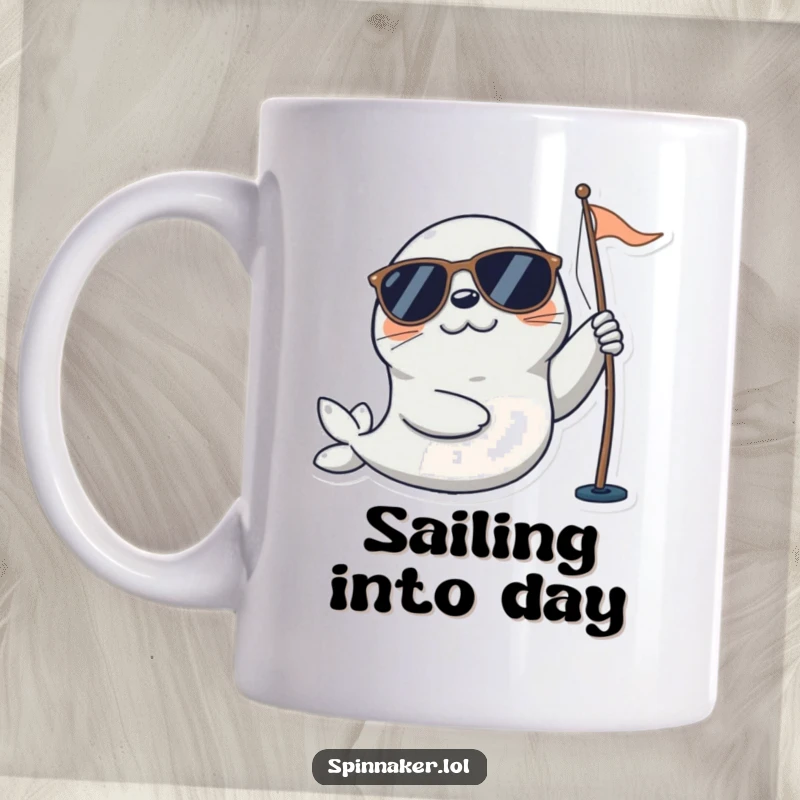 Funny seal mug featuring a playful character in sunglasses happily adjusting a sail, depicting a fun nautical adventure and sunny vibes.