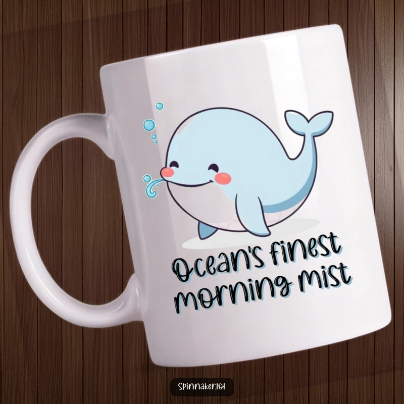 Funny Whale Mug: A smiling whale joyfully blows a tiny, whimsical spray of water from its spout, bringing cheerful ocean vibes.