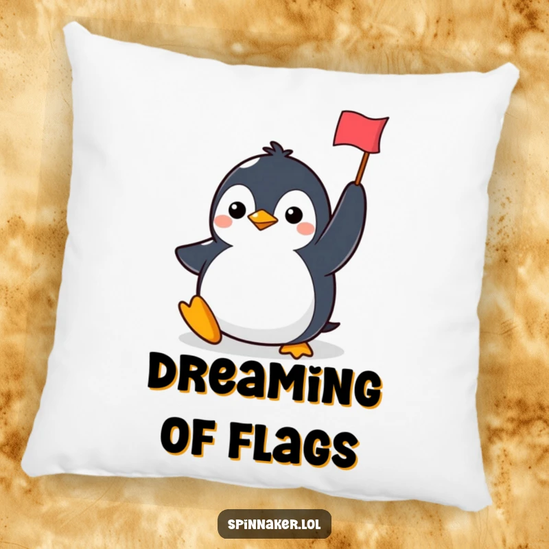 Funny penguin pillow featuring a determined character smiling and holding a flag, offering cozy comfort and a symbol of victory.