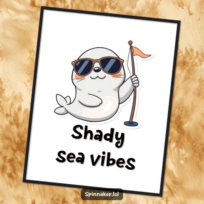 Funny seal digital art print of a playful character in sunglasses happily adjusting a sail, ideal for instant nautical decor and happy humor.