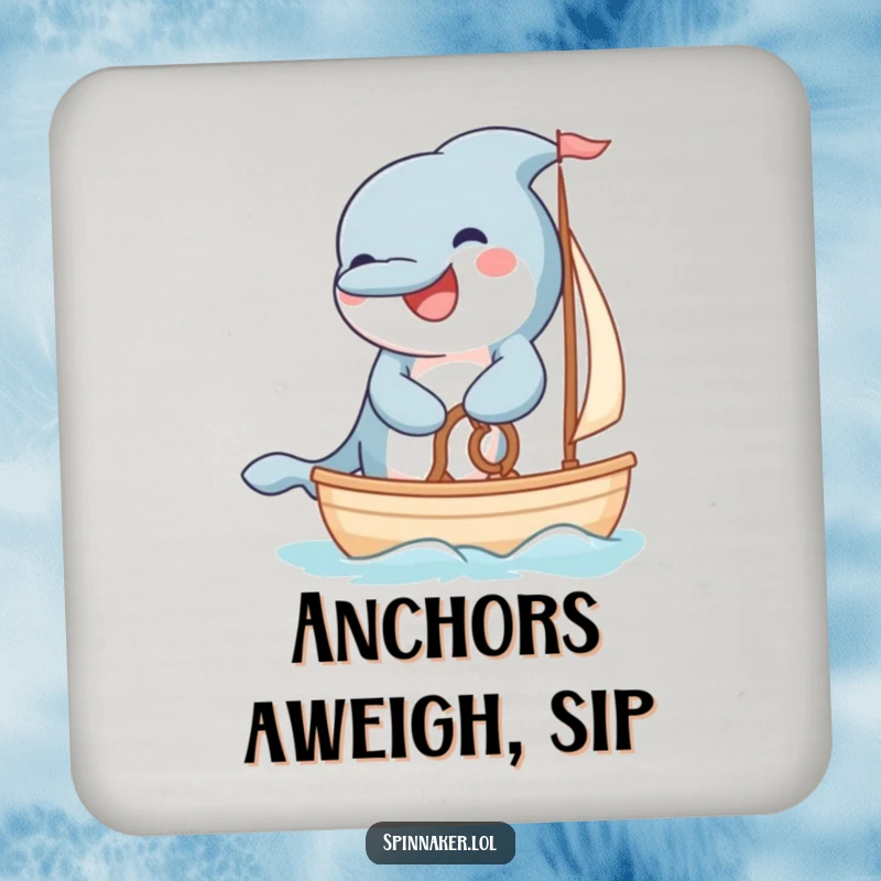 Funny grinning dolphin steering a small sailboat with fluffy paws on a drink coaster.