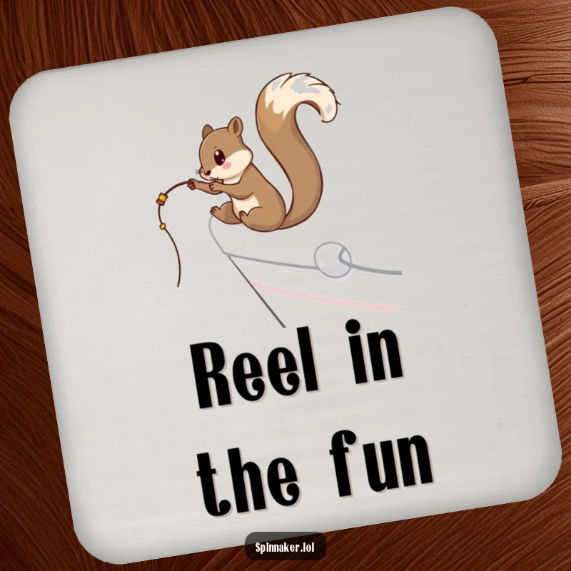 Funny curious squirrel dangling a fishing line off the side of a yacht on a drink coaster, perfect funny gift.