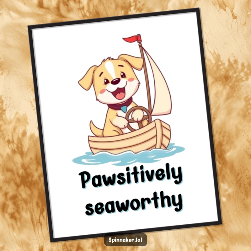 Funny puppy dog steering a sailboat, delightful nautical wall art, ideal for a funny poster gift.