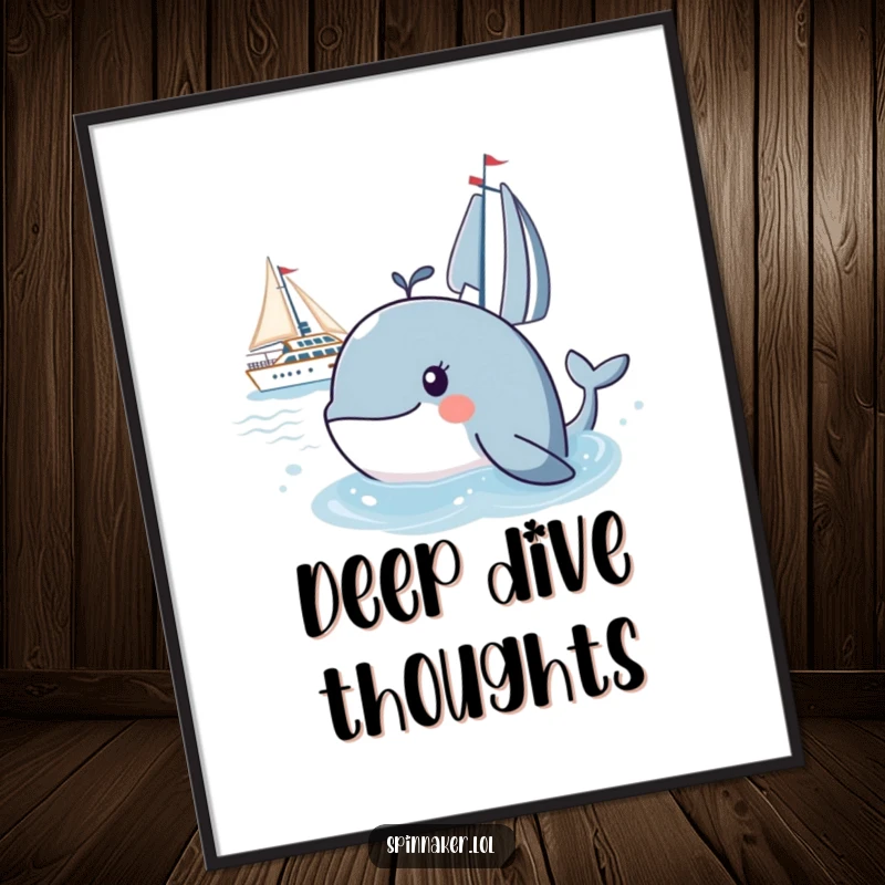 Funny whale poster artwork showing a curious whale peeking from the sea at a passing yacht, a humorous piece of marine art.