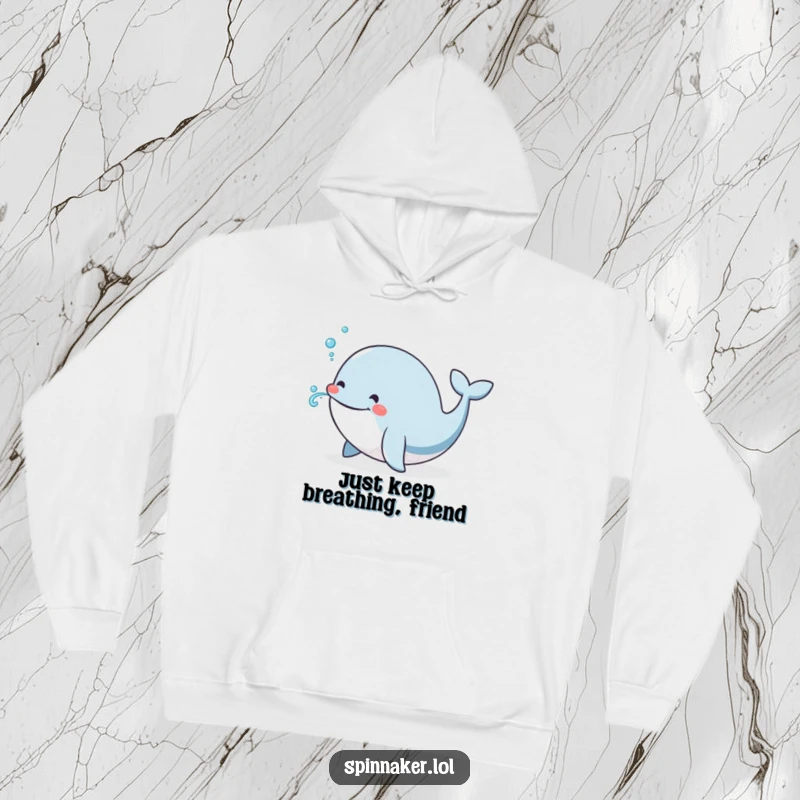 Funny Whale Hoodie: A smiling whale joyfully creating a small, bubbly water spout, radiating happiness and warmth for a cozy feel.