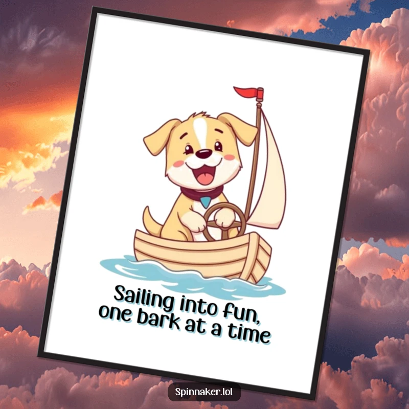 Funny Free Printable Wall Art: Excited puppy dog confidently steering a tiny sailboat, ready for a nautical adventure.