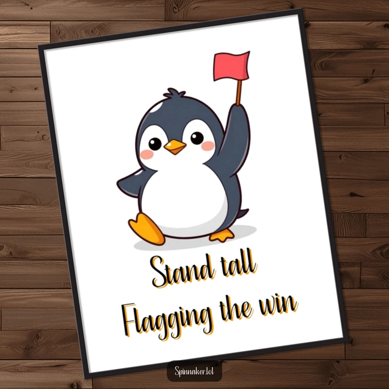 Funny Free Printable Wall Art: Determined penguin smiling, holding a small flag aloft, inspiring and humorous decor.