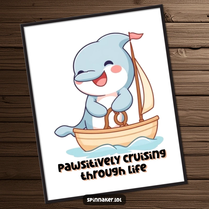 Funny Free Printable wall art of a grinning dolphin expertly steering a small sailboat with its fluffy paws.