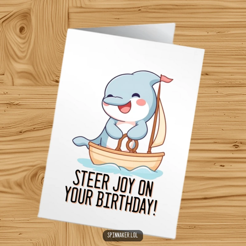 Funny Free Printable birthday card featuring a grinning dolphin steering a small sailboat with fluffy paws.