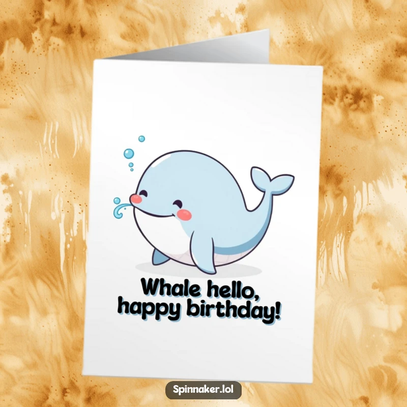 Funny Free Printable Birthday Card featuring a smiling whale enthusiastically blowing a tiny water spray, perfect for a nautical celebration.