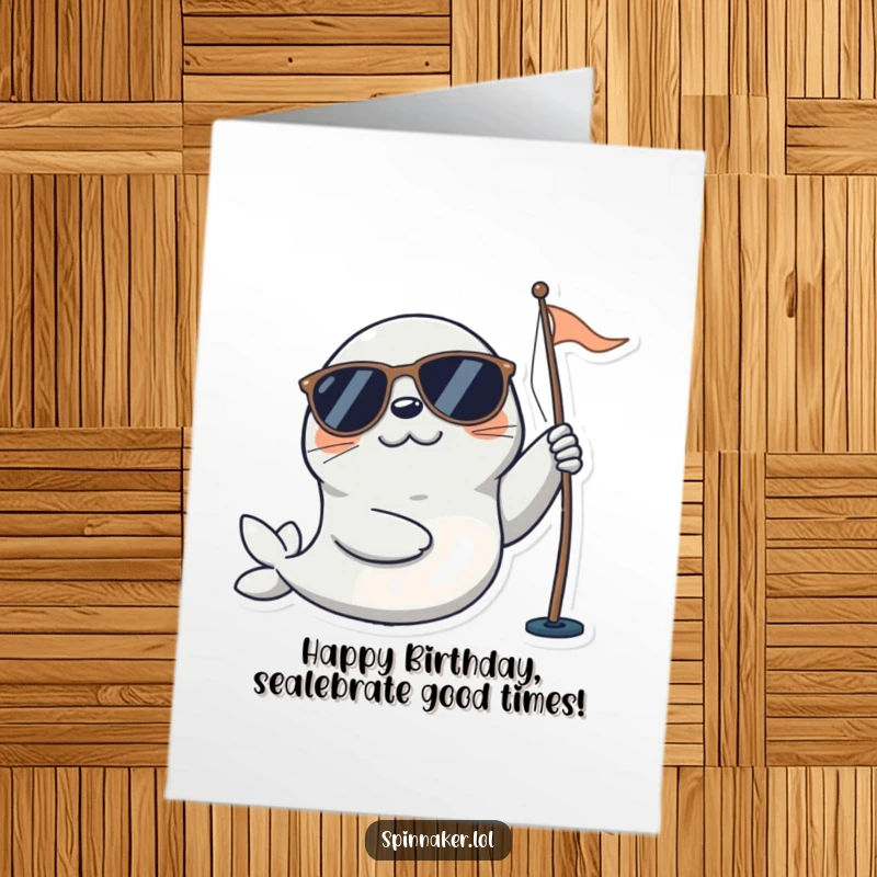Funny Free Printable Birthday Card: Playful seal in sunglasses happily adjusting a sail, enjoying a sunny day.
