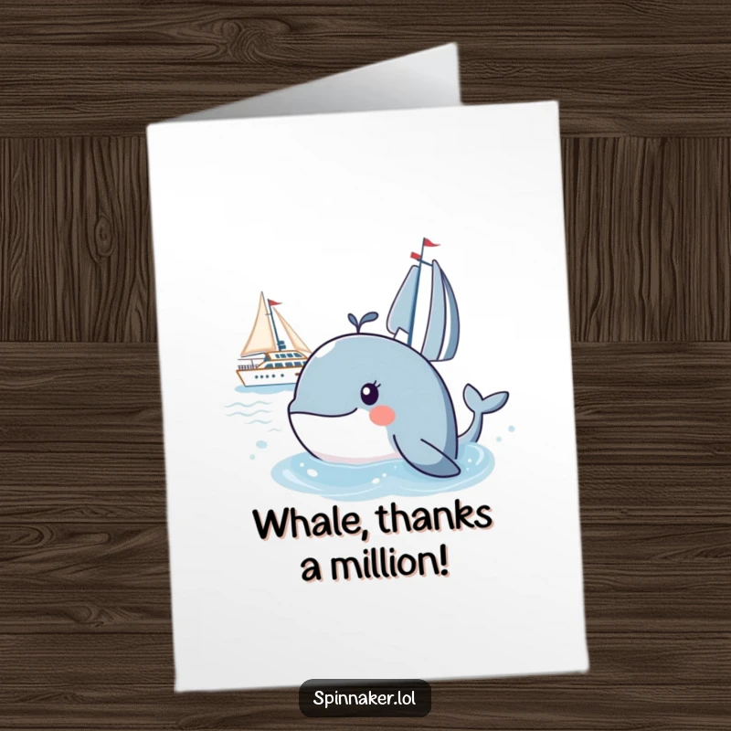 Funny Free Printable Thank You Card: A curious whale gazes at a yacht, sending gratitude from the sea.