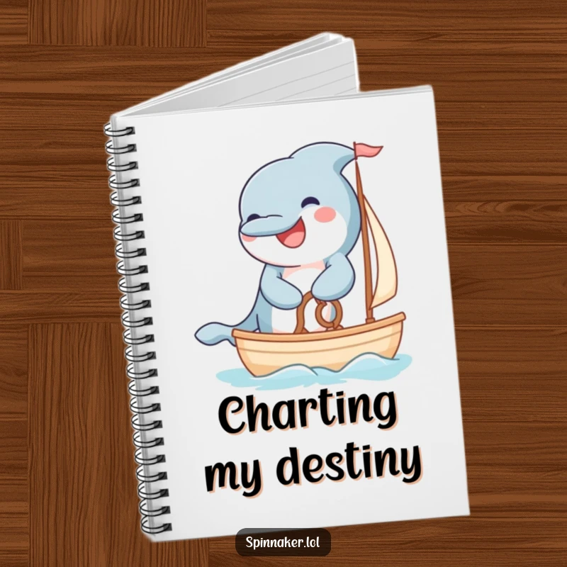Funny grinning dolphin steering a small sailboat with fluffy paws on a notebook.
