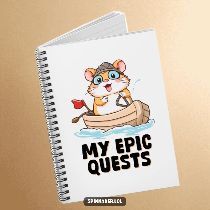 Funny brave hamster confidently navigating a small boat with a large smile on a notebook, perfect funny gift.
