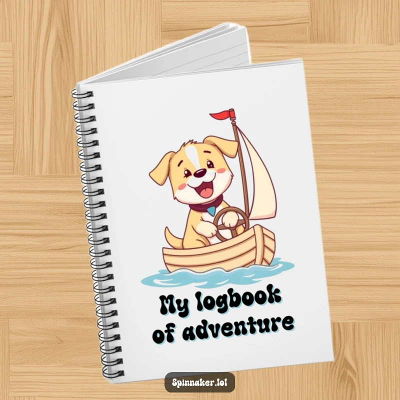 Funny puppy dog steering a sailboat, perfect for a funny notebook gift for journaling.