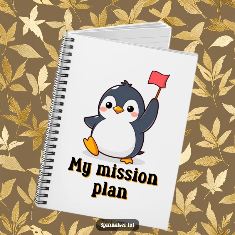 Funny penguin notebook with a determined character smiling and holding a flag, designed for goal-getters and lovers of funny stationery.