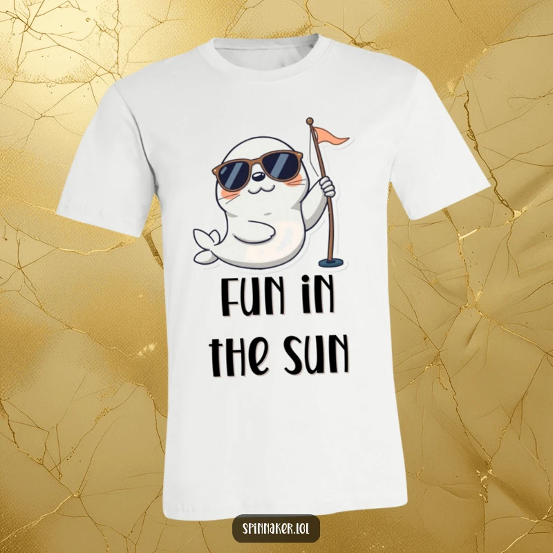 Funny seal t-shirt showing a playful character wearing sunglasses and happily adjusting a sail, ideal for nautical fans and sunny day humor.