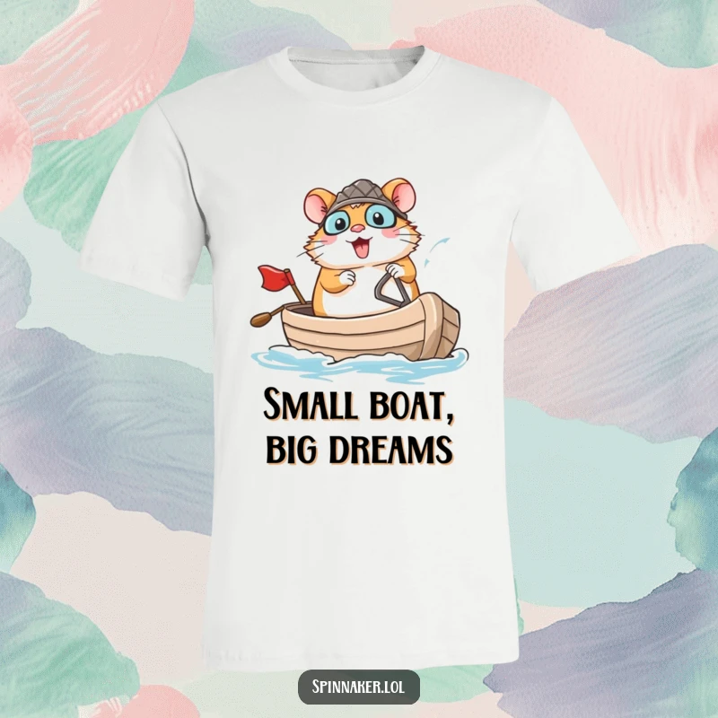 Funny brave hamster confidently navigating a small boat with a large smile, perfect for a funny t-shirt gift.