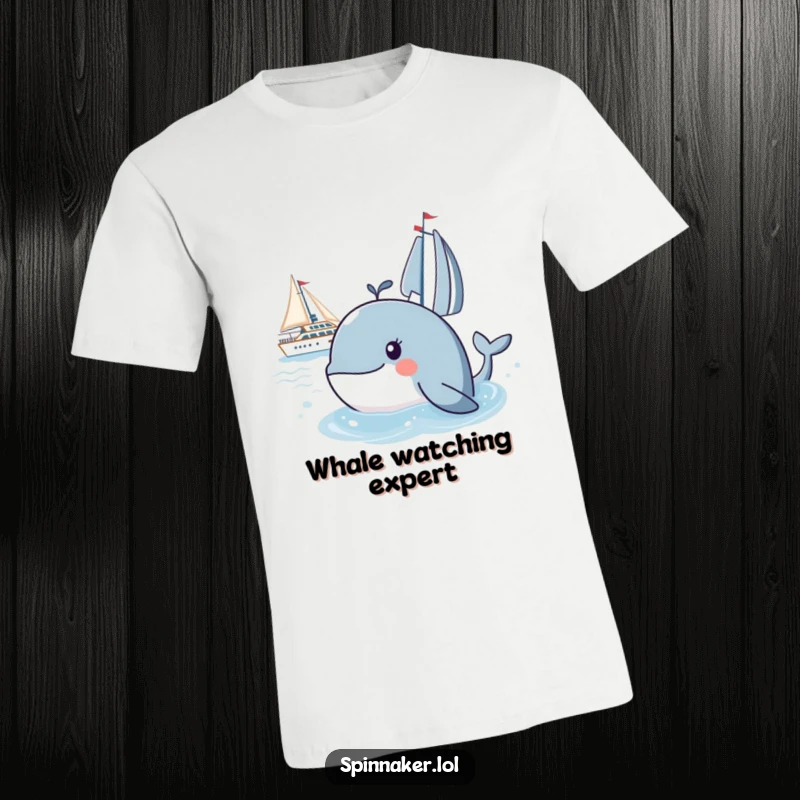 Funny whale t-shirt depicting a curious whale peeking from the ocean, observing a yacht with humorous interest, great for marine enthusiasts.