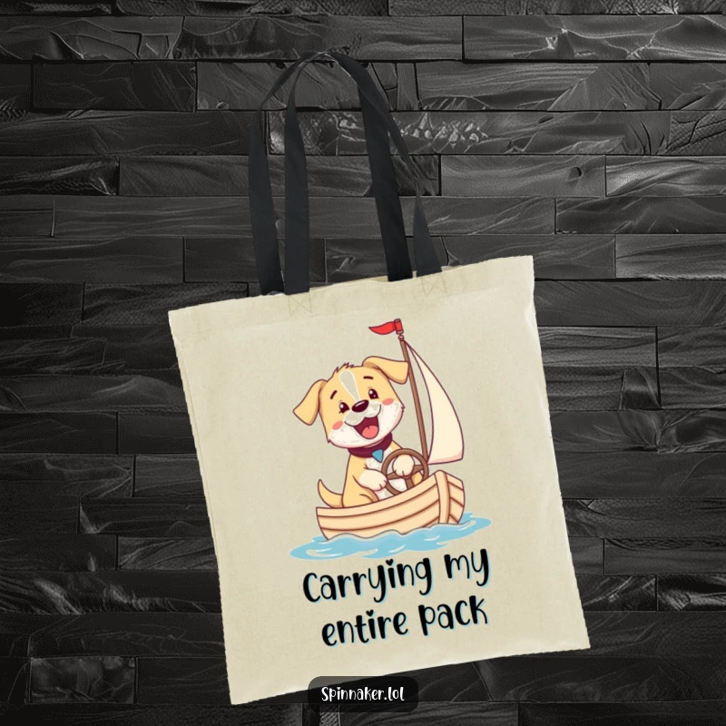 Funny puppy dog happily steering a small sailboat, perfect for a durable funny tote bag gift.