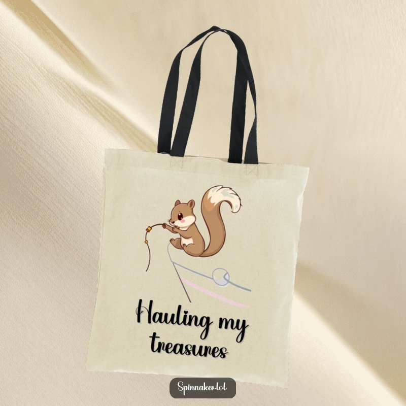 Funny curious squirrel dangling a fishing line off the side of a yacht on a tote bag, perfect funny gift.