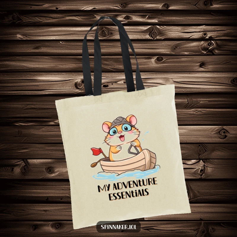 Funny brave hamster confidently navigating a small boat with a large smile on a tote bag, perfect funny gift.